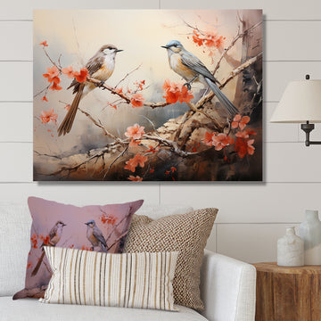 Vintage birds on pink blossom tree - Orange Bird Wall Art